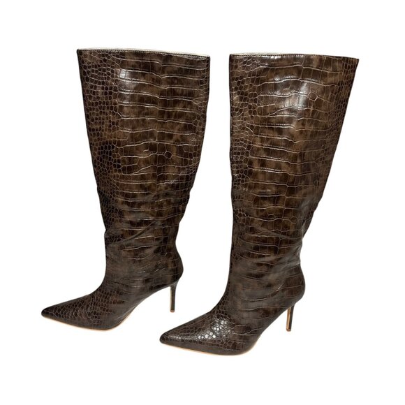 Brown Croc Embossed Knee High Stiletto Heel Boots Size 6 Womens Faux Leather - Picture 1 of 7